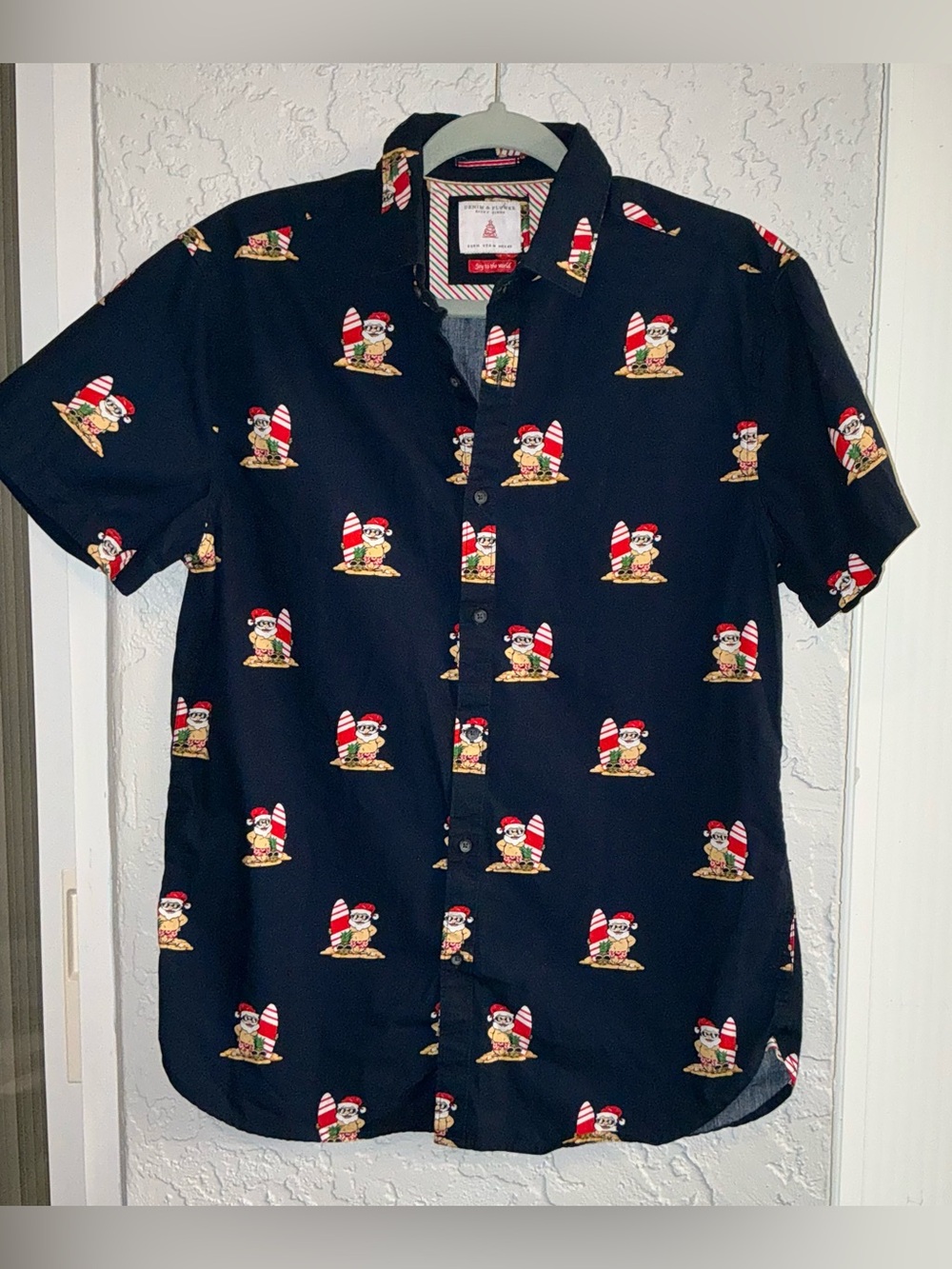 Men's Denim & Flower Santa Surf Print Short-Sleeve Shirt - Navy